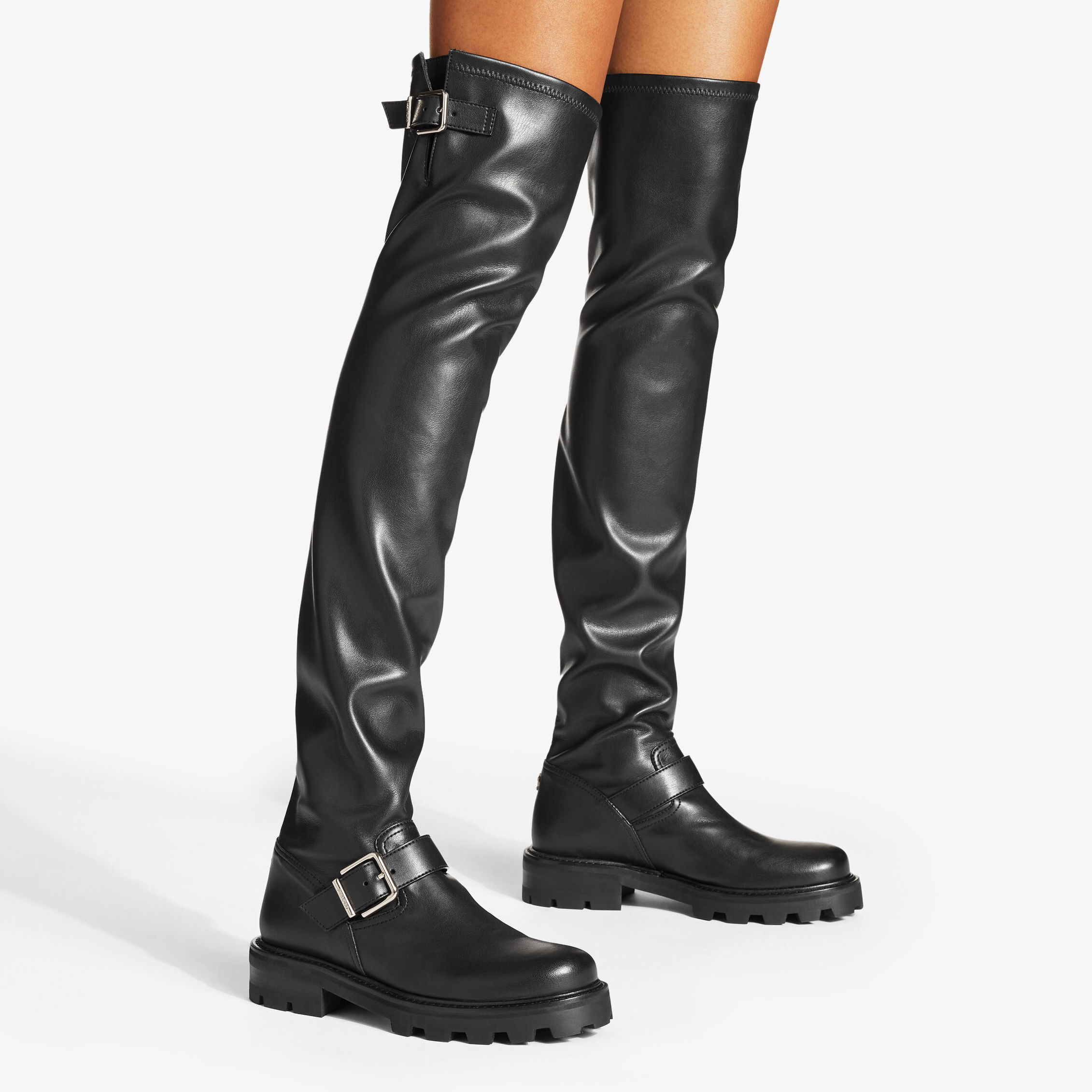 Schwarze kniehohe Bikerstiefel aus gebondetem Stretchmaterial BIKER II OTK FLAT Sommerkollektion 2022 JIMMY CHOO