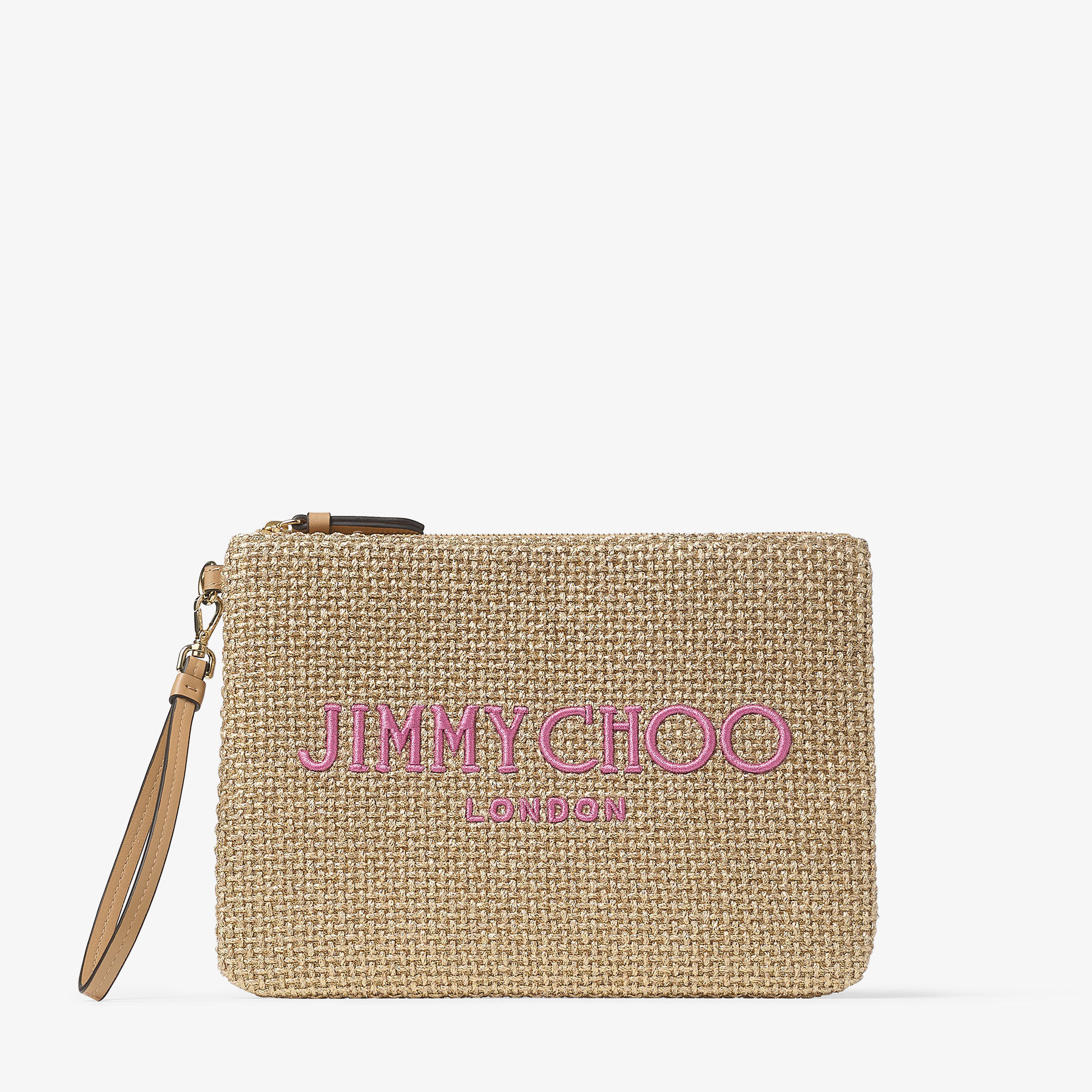 小物を美しく収納できる◎【JimmyChoo】Zip Top Pouch *特別感 ジップ トップ ポーチ | グリーン ラフィア・ポーチ | ジミー チュウ