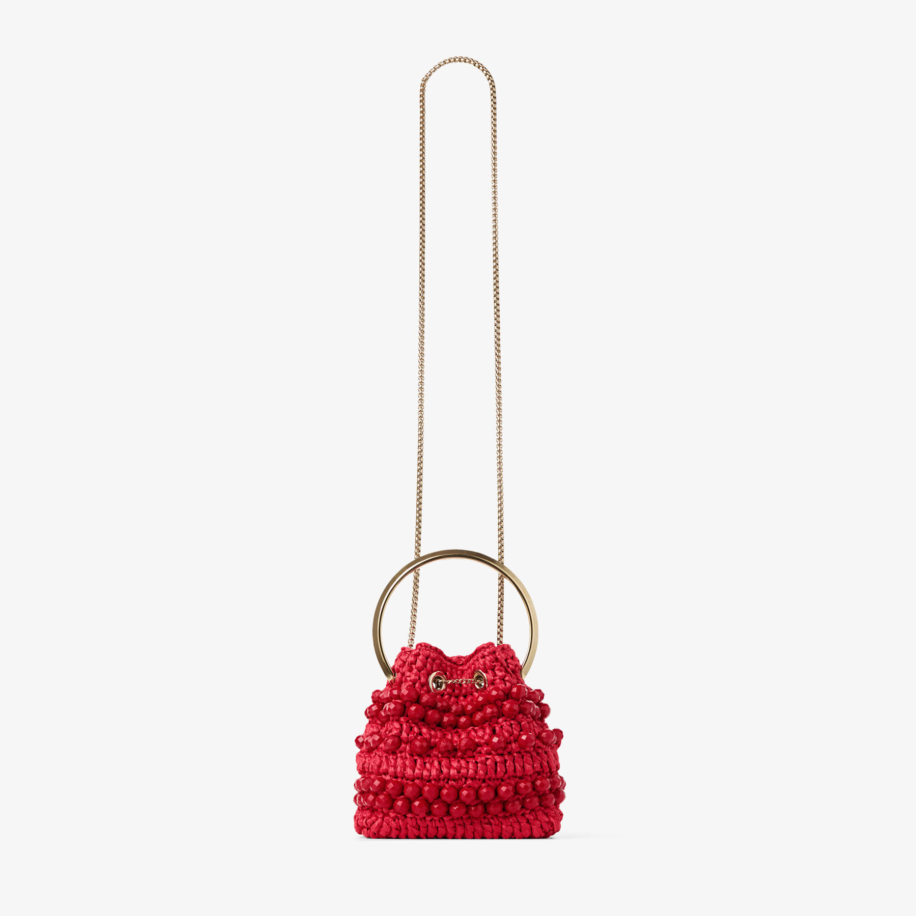 Bon Bon | Ruby Red Beaded Raffia Bucket Bag | JIMMY CHOO