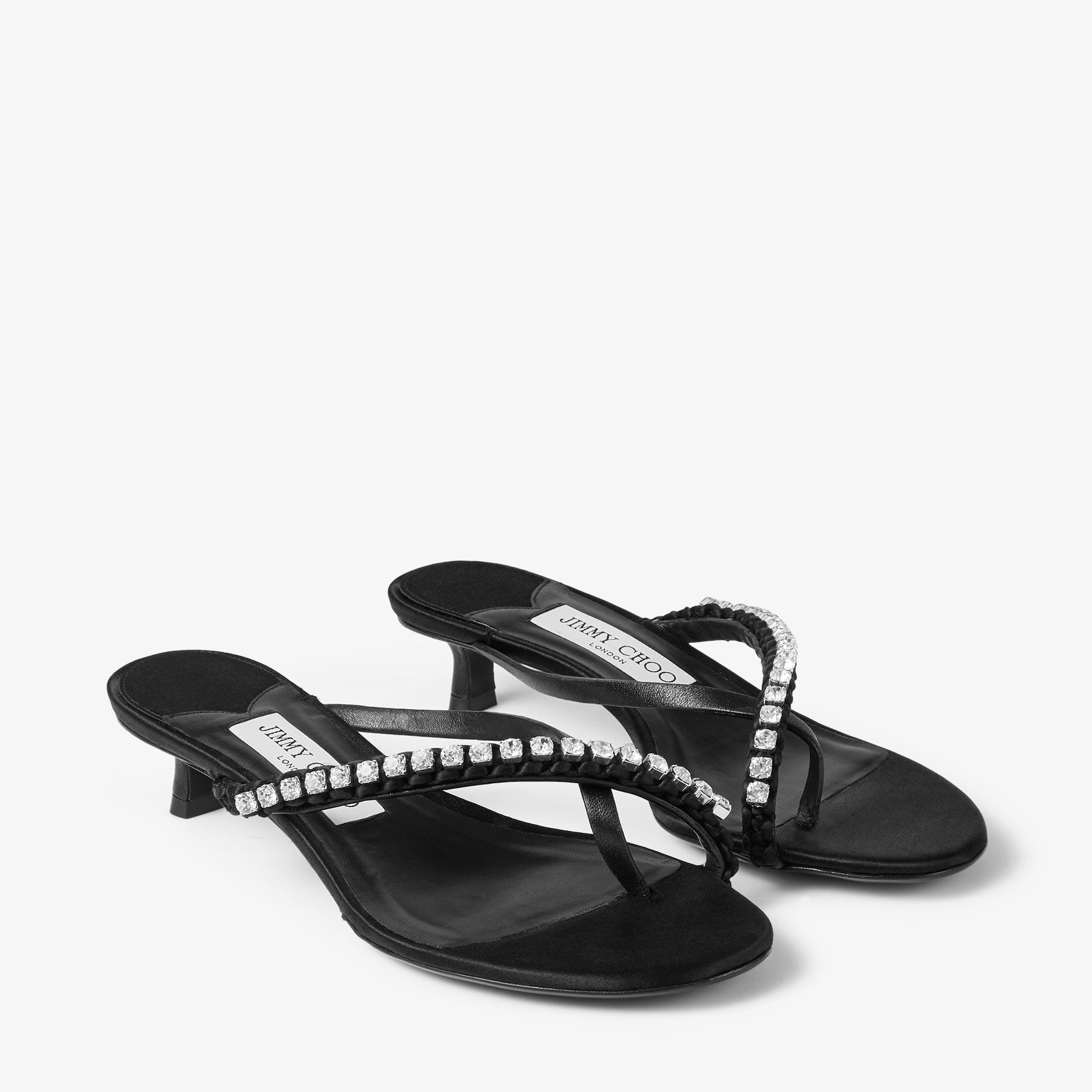 Dila 35 |Black Leather Mule Sandal with Woven Satin Crystals