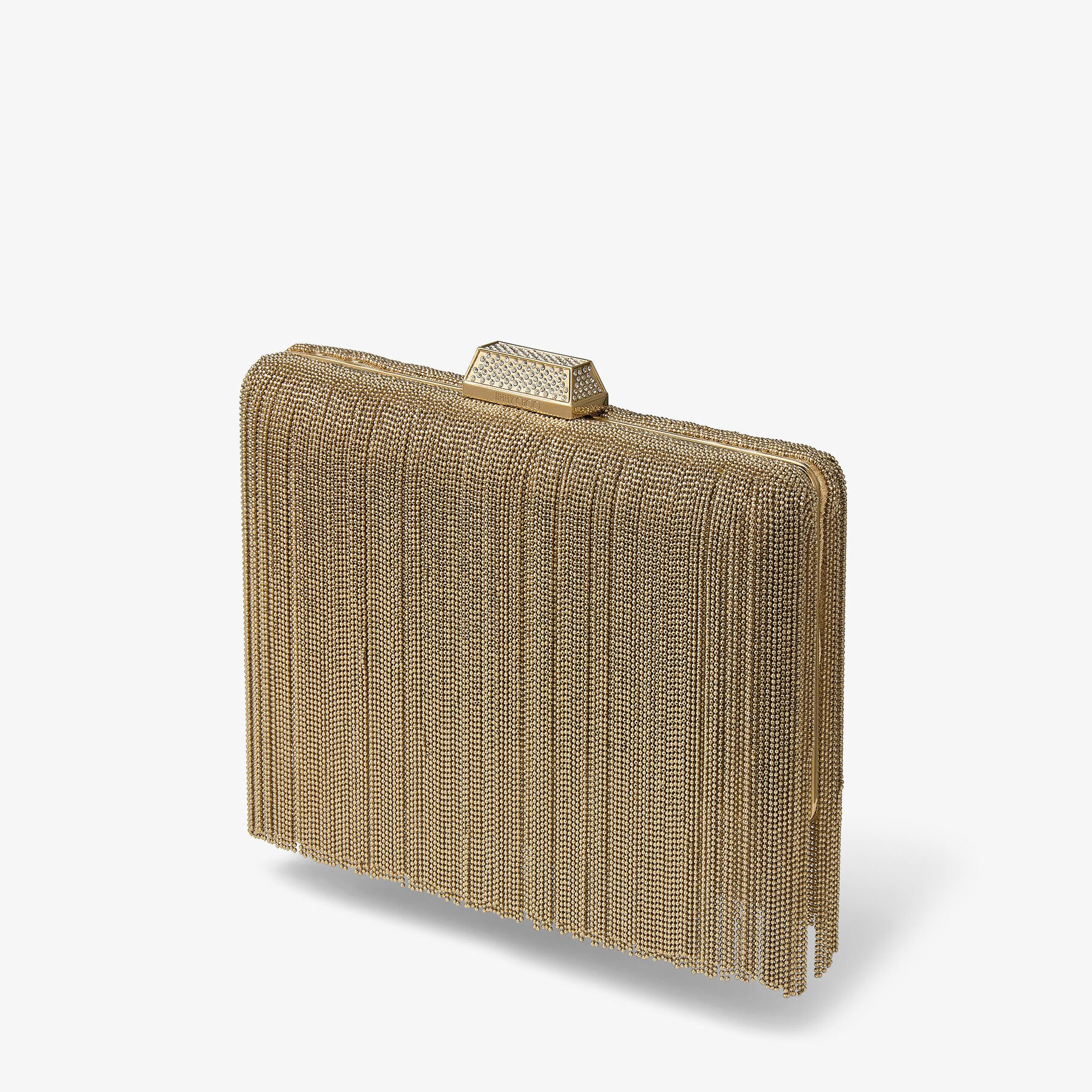 CLEMMIE Gold Metal Clutch Bag with Chain Fringe Winter 2022