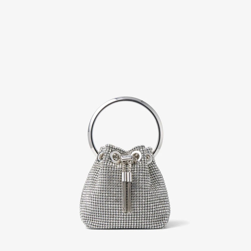 MICRO BON BON Tasche aus kristallverziertem Netzstoff in Silber und Metallgriff Sommerkollektion JIMMY CHOO