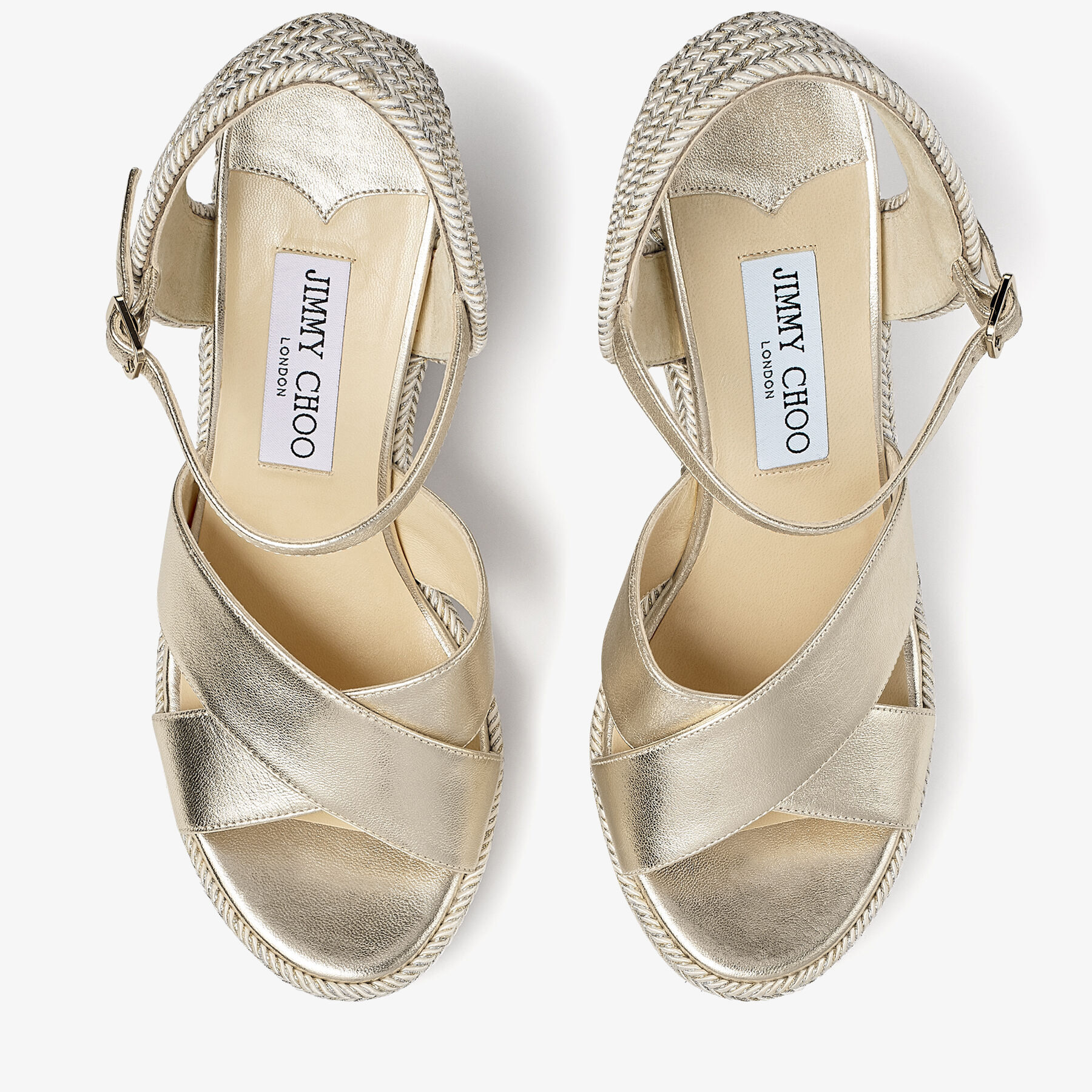 Champagne Nappa Leather Wedge Sandals with Metallic Rope Thread
