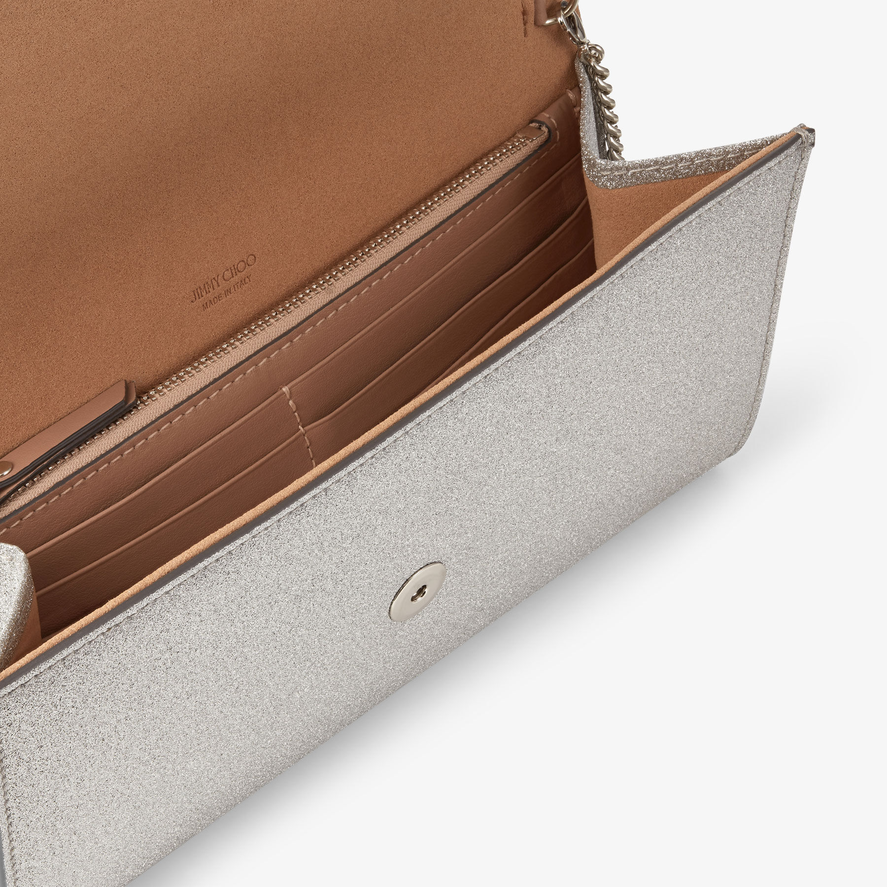 Silver Fine Glitter Leather Clutch Bag Emmie Pre Fall 18 JIMMY CHOO