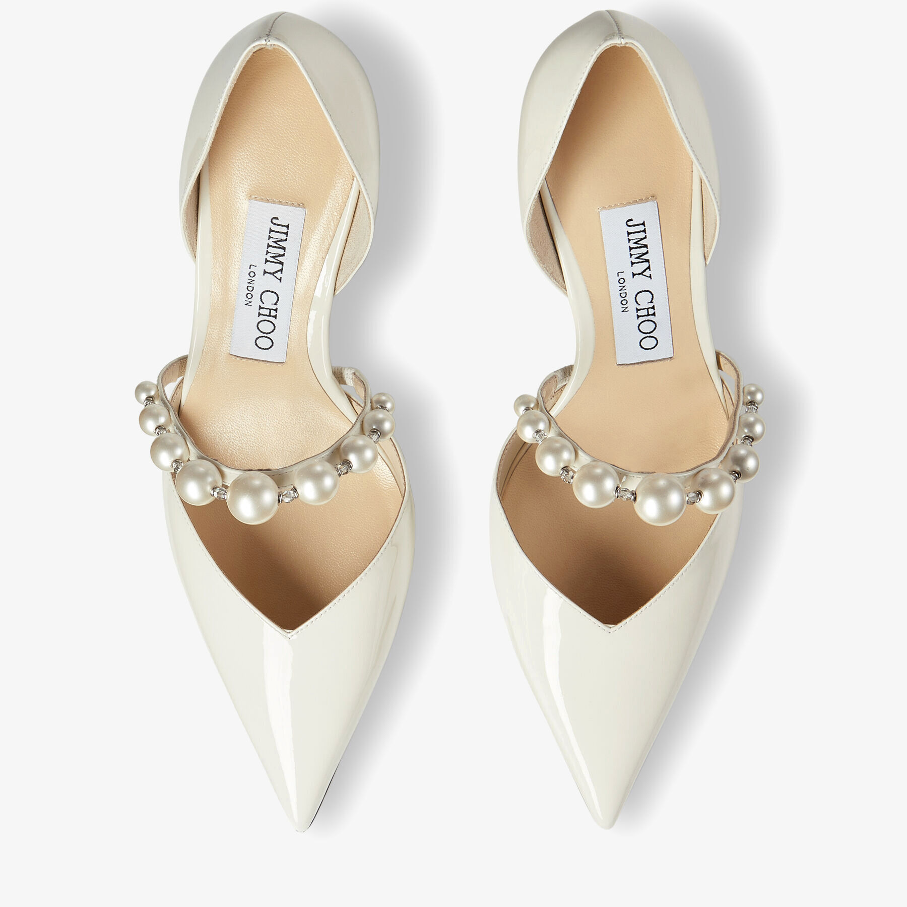 Latte Patent Leather Pointed Pumps with Pearl Embellishment 