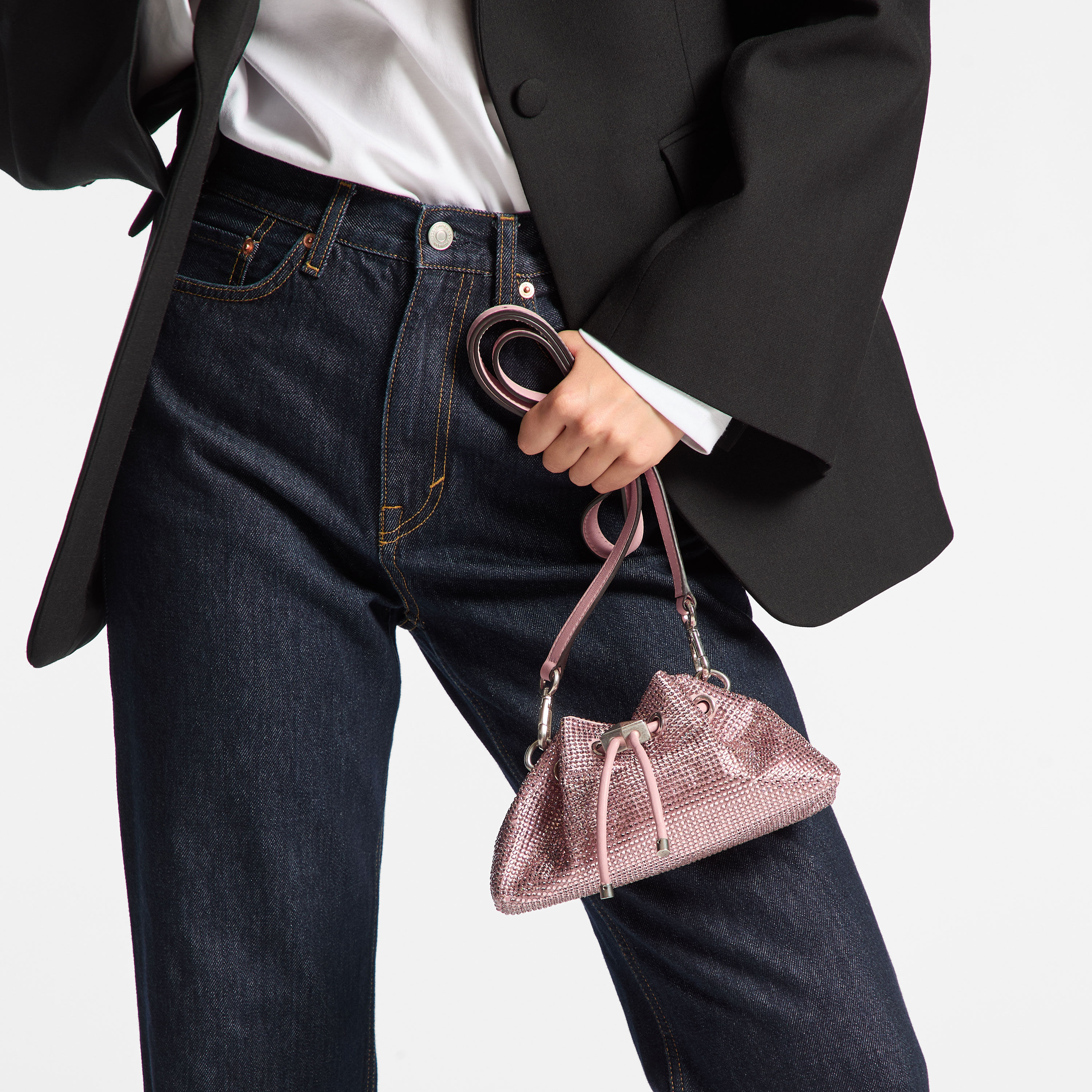 Cinch Mini | Rose Satin Crystal Mini Bag | JIMMY CHOO
