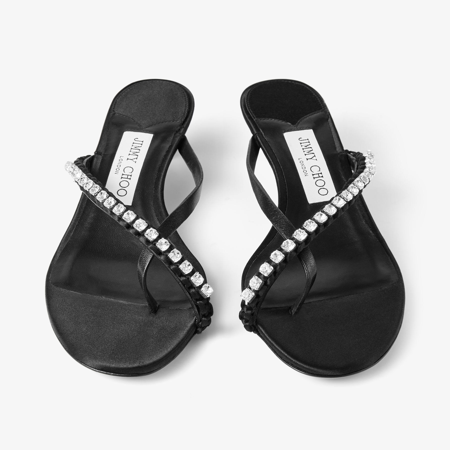 サンダル・ミュール JIMMY CHOO Black Nappa Leather And Satin Dila 35 Mules Dila 35 |Black Leather Mule Sandal with Woven Satin Crystals