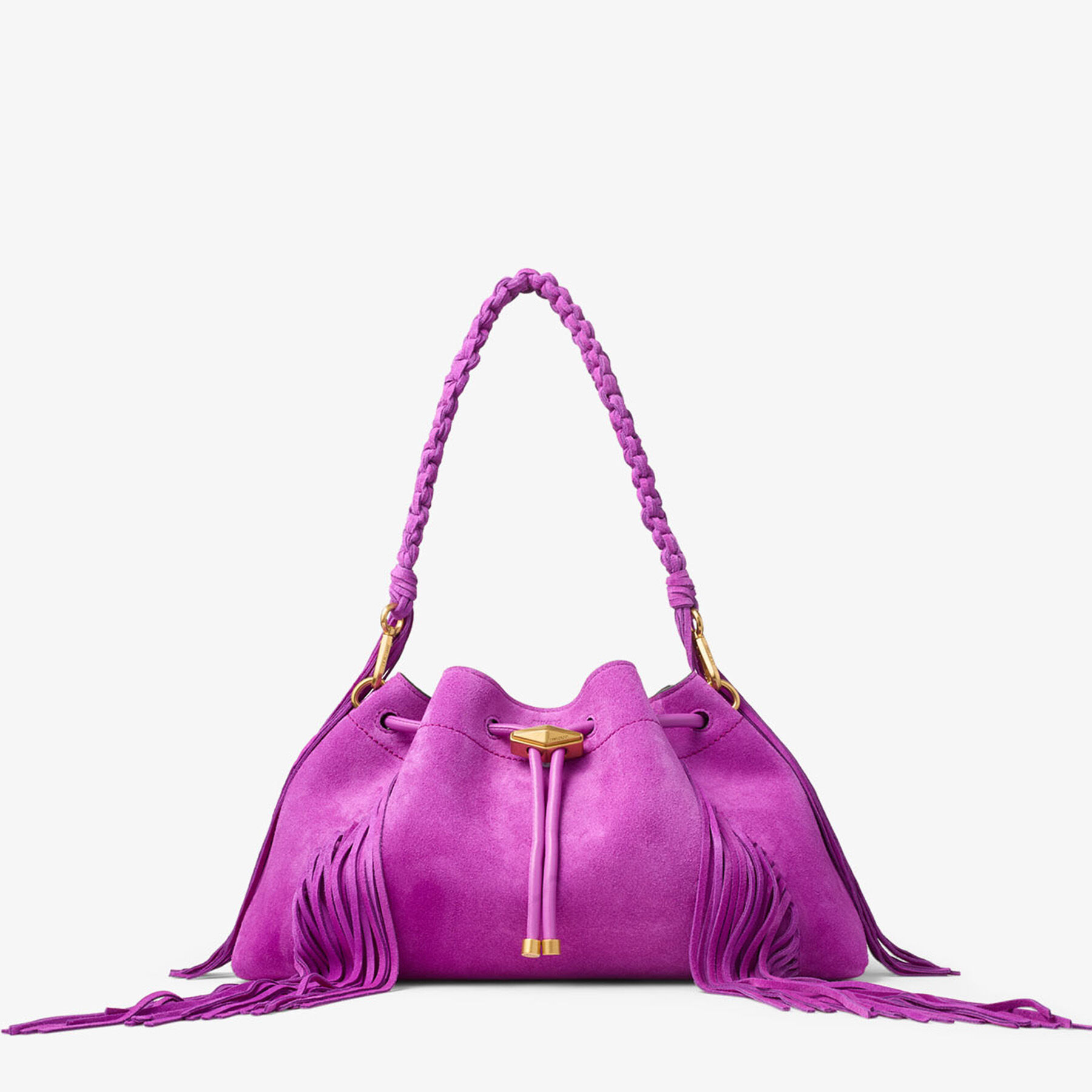 ⭐️LOVE⭐️JIMMY CHOO 2wayバッグ Cinch Medium | Violet Orchid Suede Bucket Bag with Fringes | JIMMY