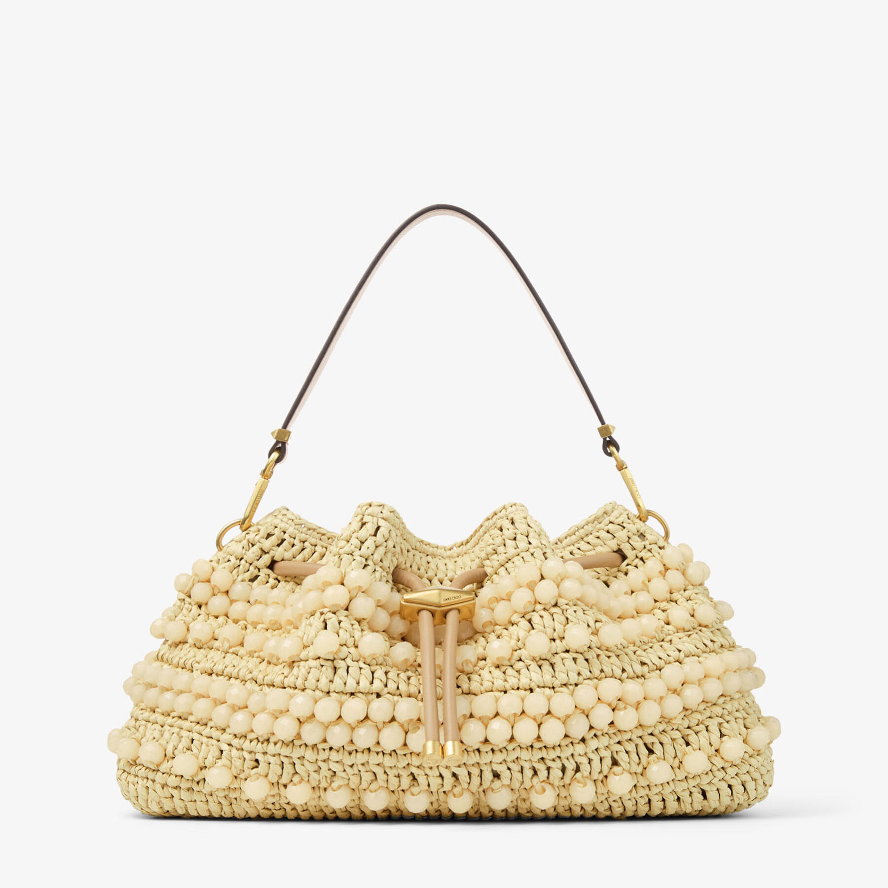 Cinch | Natural and Cappuccino Beaded Raffia Bucket Bag with