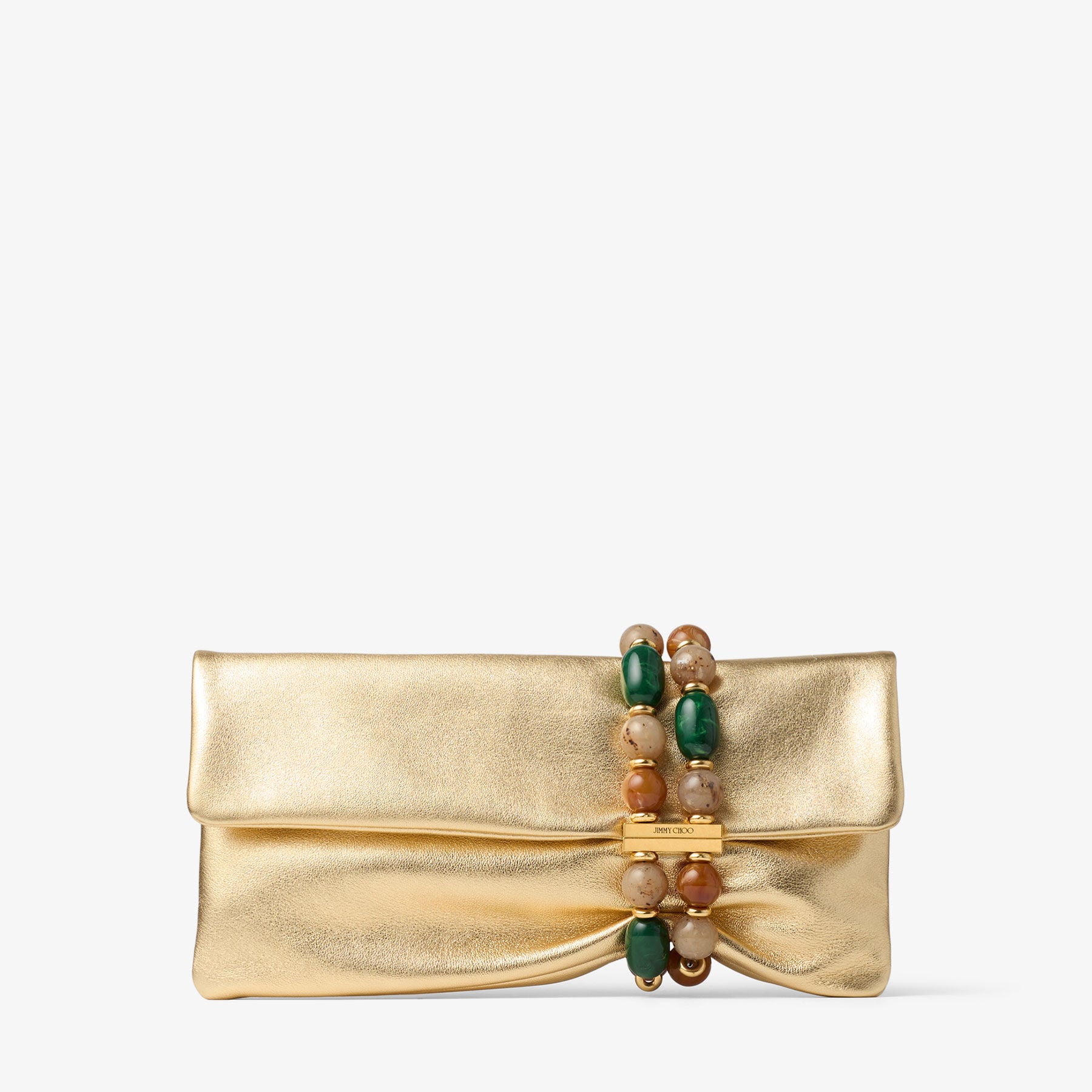 Zandra | Gold Metallic Nappa Leather Clutch Bag with Beaded