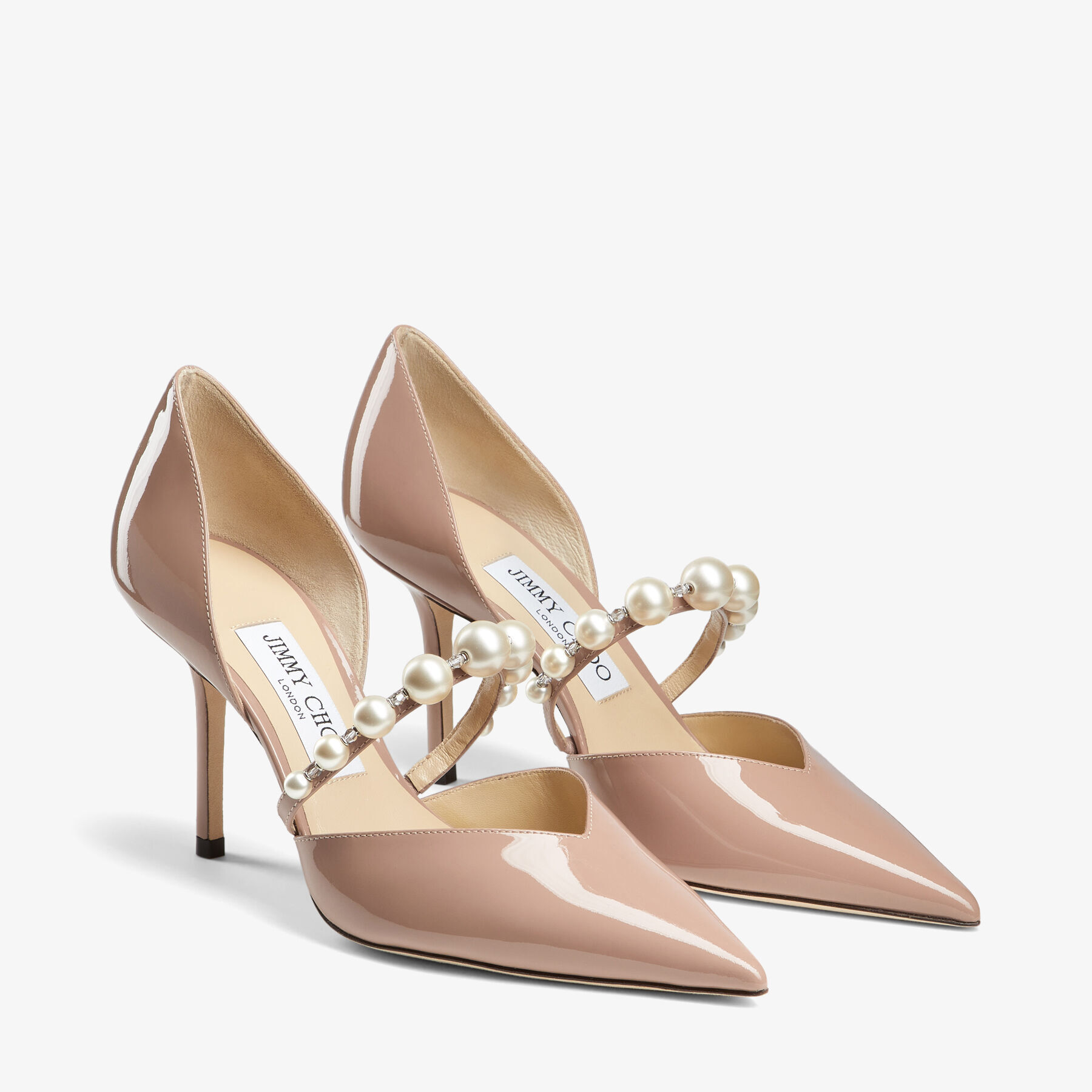 Ballet Pink Patent Leather Pointed Pumps with Pearl Embellishment AURELIE 85 High Summer 2021 JIMMY CHOO