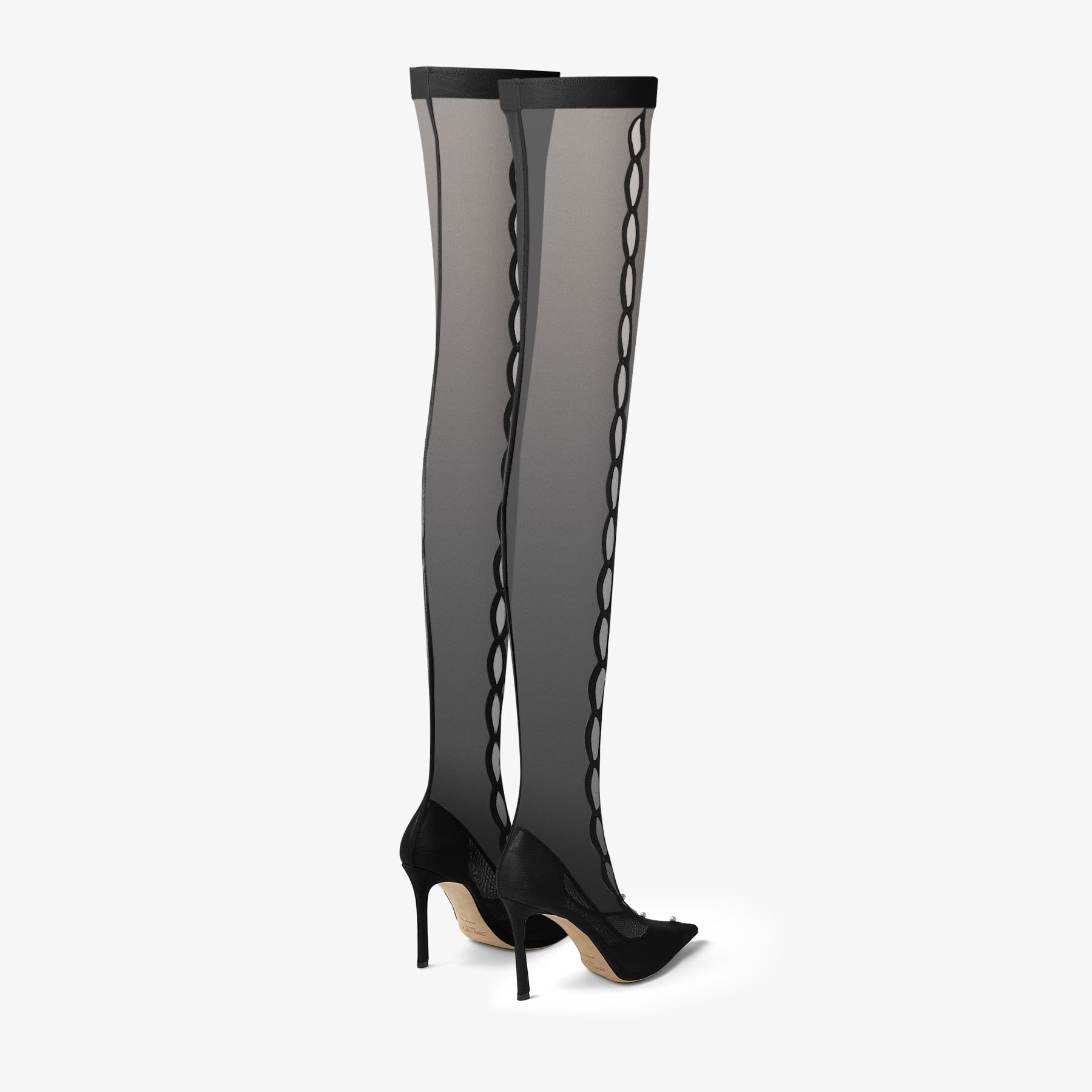 PSYCHE OTK 95 Black Stretch Mesh Over The Knee Boots with Pearls