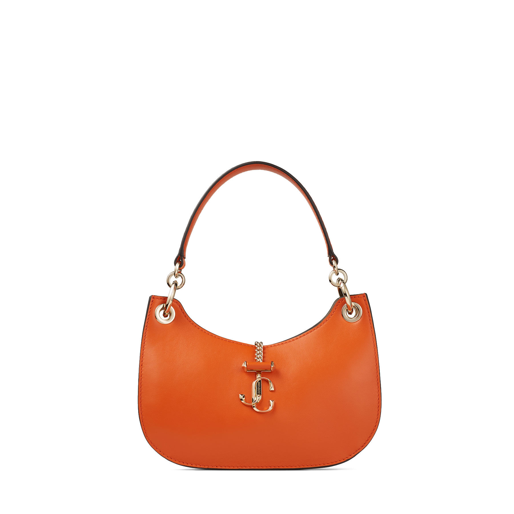 Amber Orange Smooth Calf Leather Hobo Bag With Light Gold Jc Monogram And Plexi Chain Strap Varenne Hobo S Winter 2021 Collection Jimmy Choo