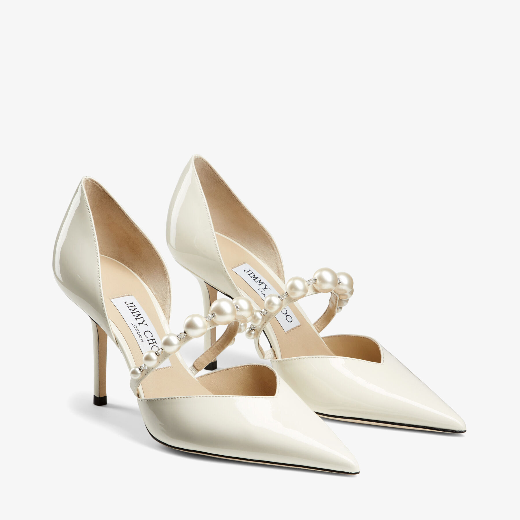 Latte Patent Leather Pointed Pumps with Pearl Embellishment