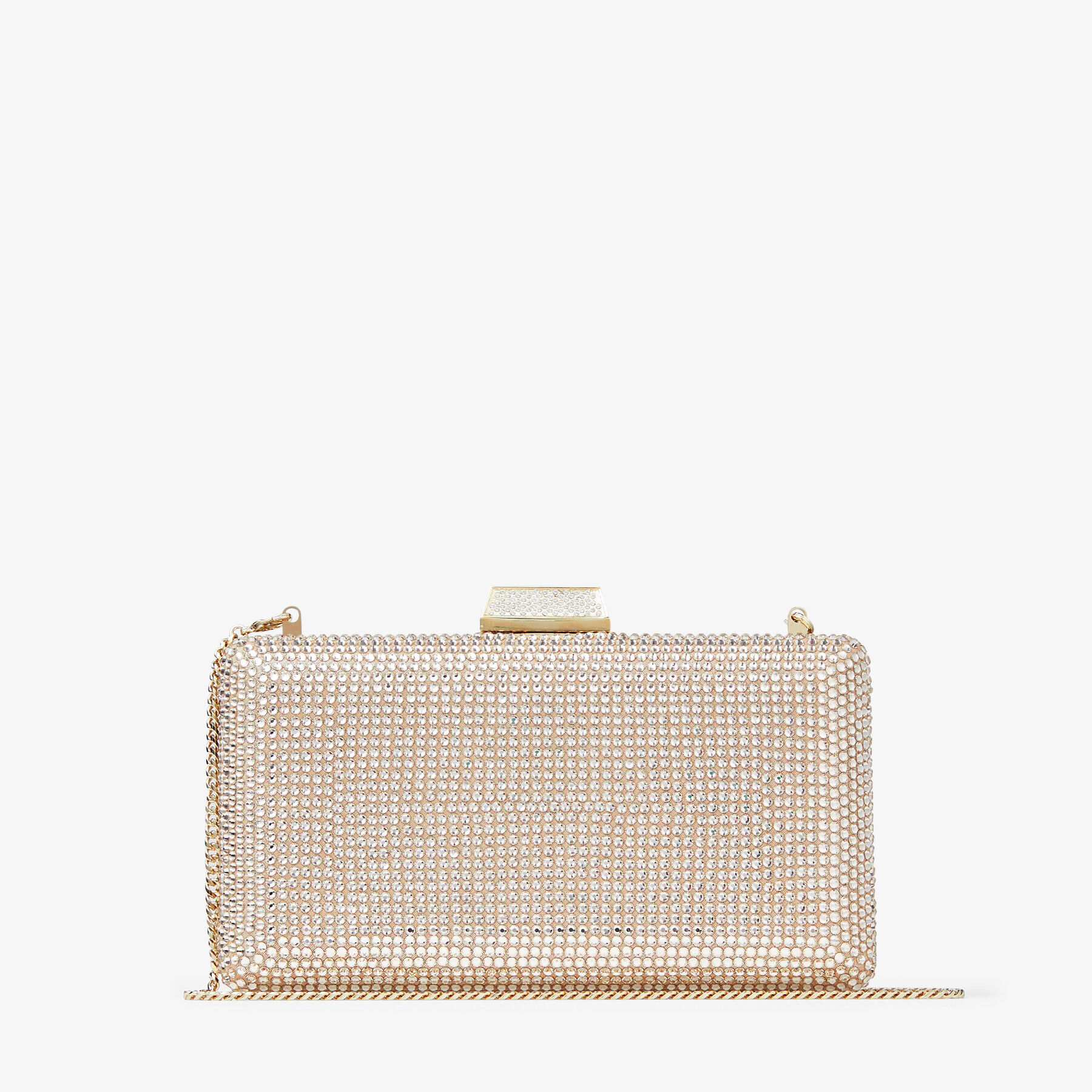 Pochette en daim miel dore recouvert de cristaux CLEMMIE Collection Ete 2022 JIMMY CHOO