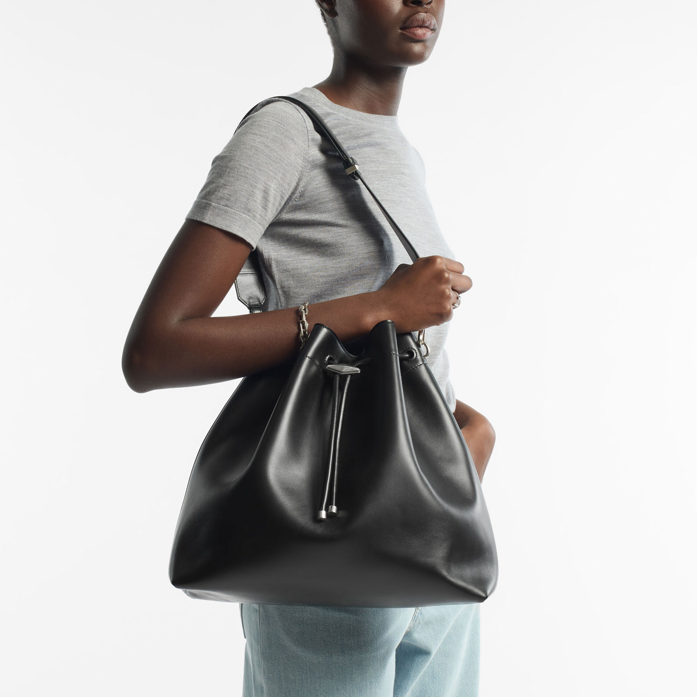 Black Nappa Nappa Leather Bag with Light Gold JC Emblem