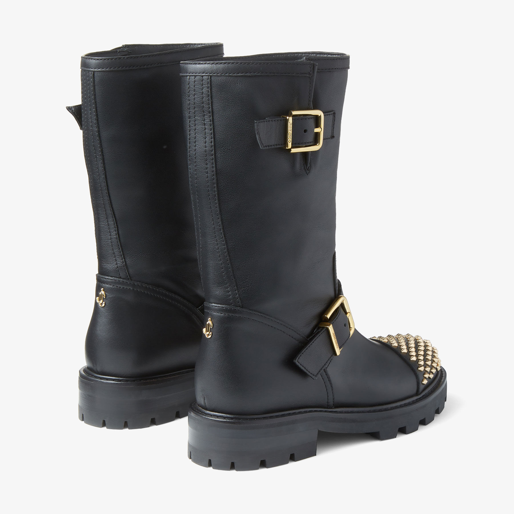 BIKER II Black Smooth Leather Biker Boots with Studs Autumn