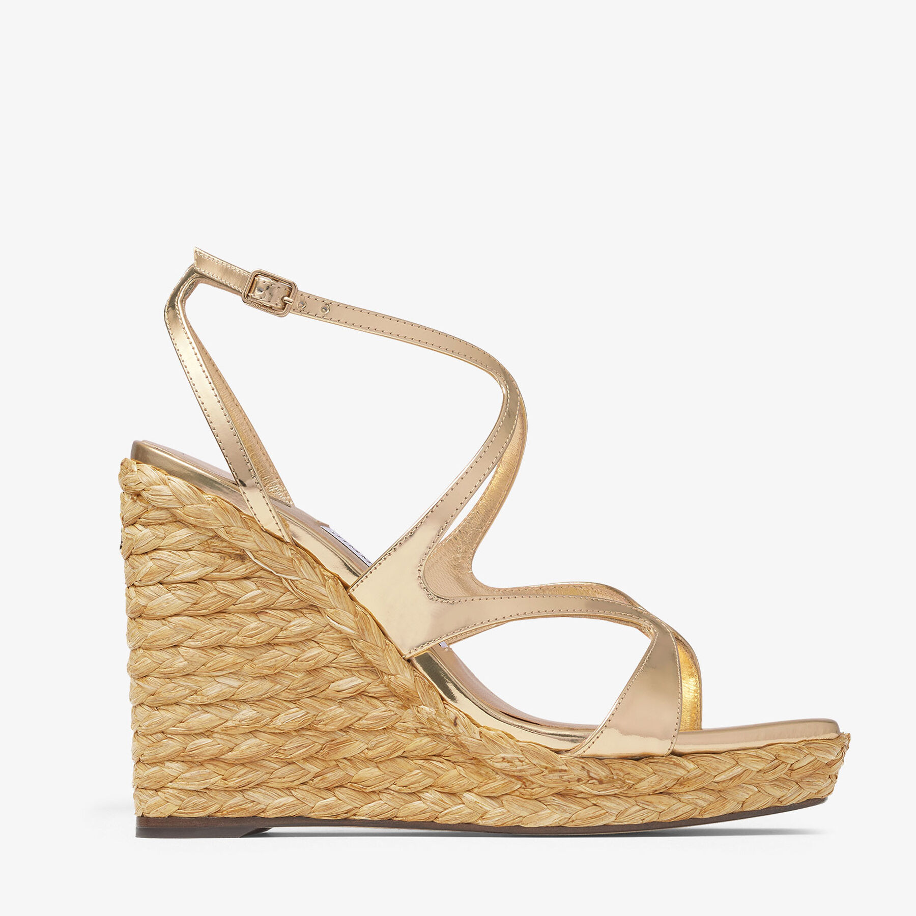 【Jimmy Choo】ゴールド メタリックレザーウェッジ サンダル Ayla 110 | Gold Metallic Leather Wedge | JIMMY CHOO