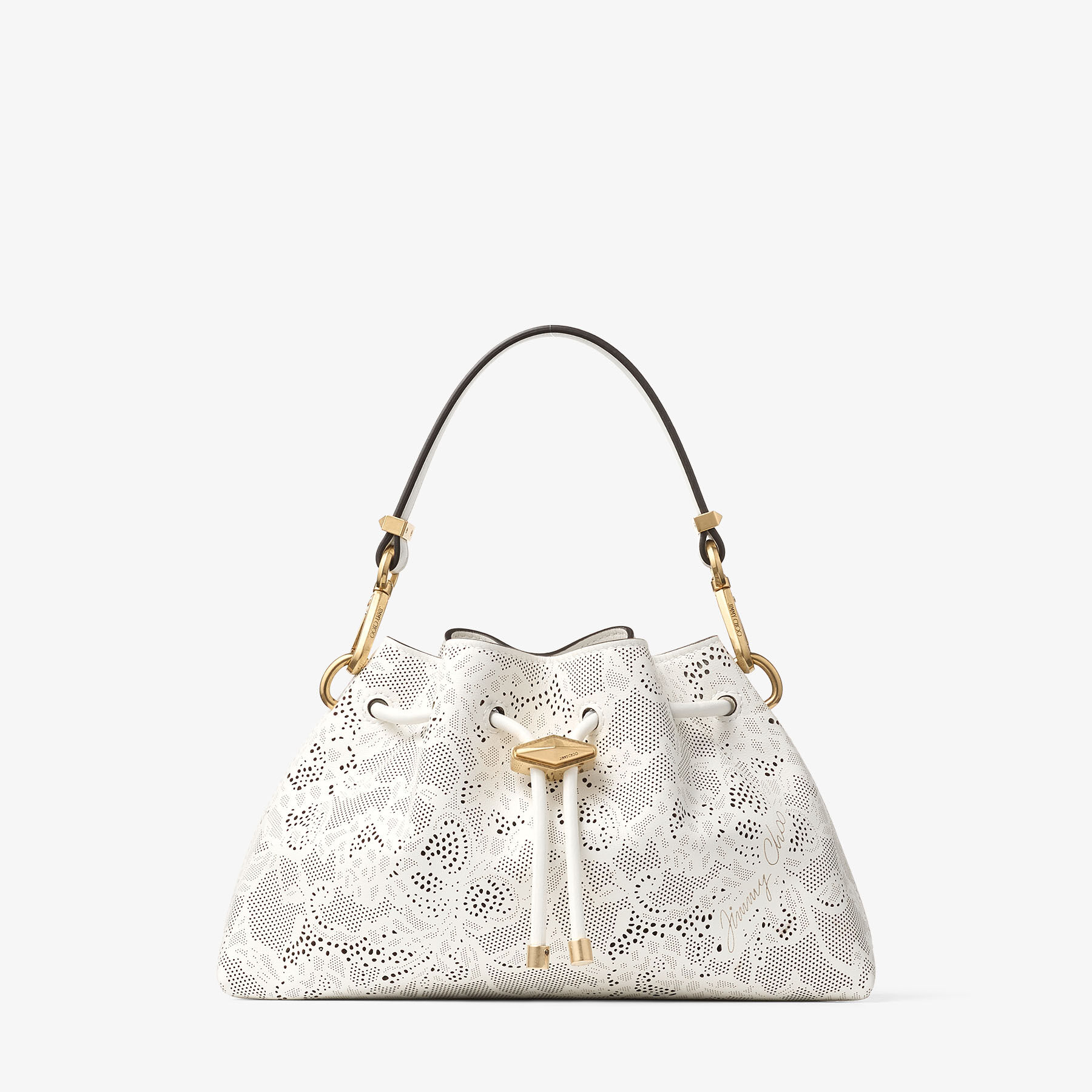 Cinch Small | Latte Perforated Lace Leather Shoulder Bag | JIMMY CHOO