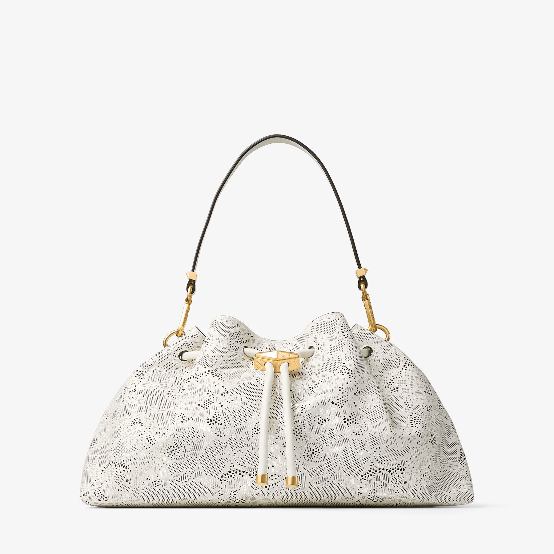 Cinch Medium | Latte Perforated Lace Bucket Bag | JIMMY CHOO